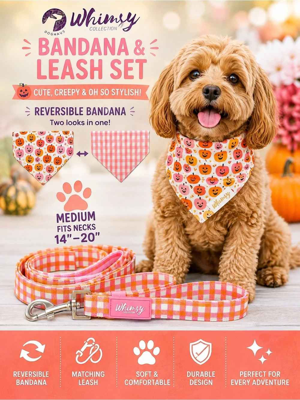 Whimsy Pink & Orange Reversible Bandana and Leash Set for Dogs